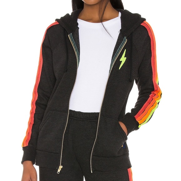 Aviator Nation Sweaters - Aviator Nation black bolt embroidery 4 neon stripe zip up hoodie